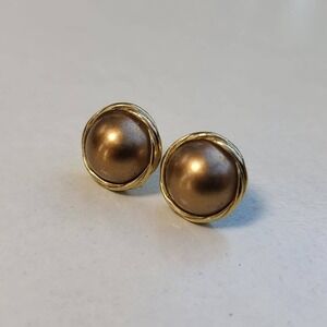Monet Stud Earrings Small Bronze Faux Pearl Gold Tone Rope Trim Vintage